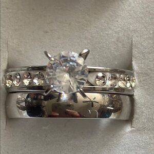 Set of 2 Women's Cubic Zirconia Ring and Band Stainless Steel